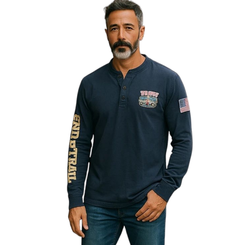 Men's Western Style Long Sleeve Henley Shirt - End of Trail Graphic - Cowboy